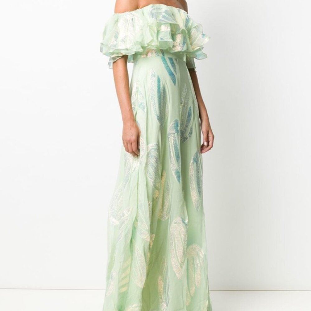 Temperley London Clarisse Long Gown - Jade Green with Iridescent Lame Thread